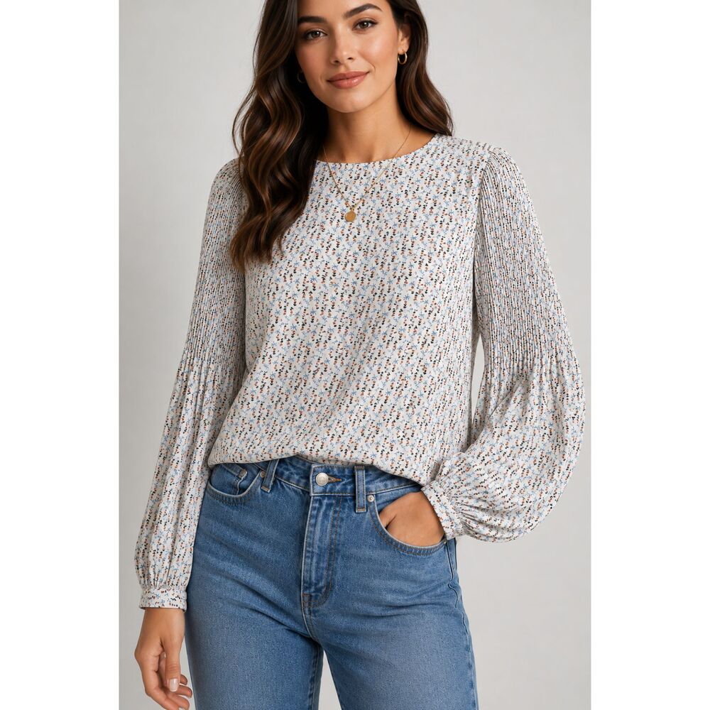 Ann Taylor Floral Pleated Sleeve Blouse Women’s L Ivory Blue Balloon Sleeve